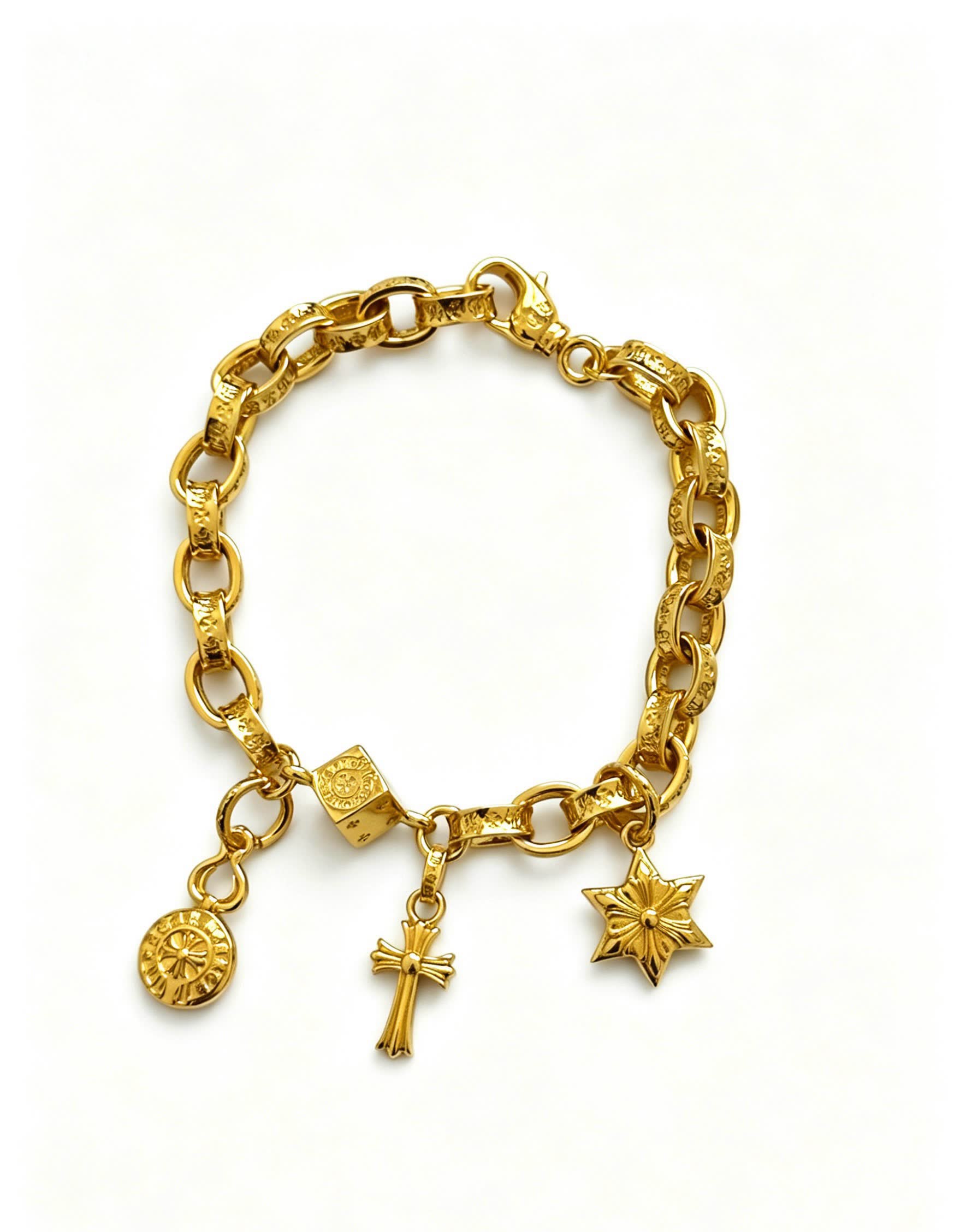 Chrome Hearts Gold Tone Charm Bracelet with Cross, Star, and Coin Charms
